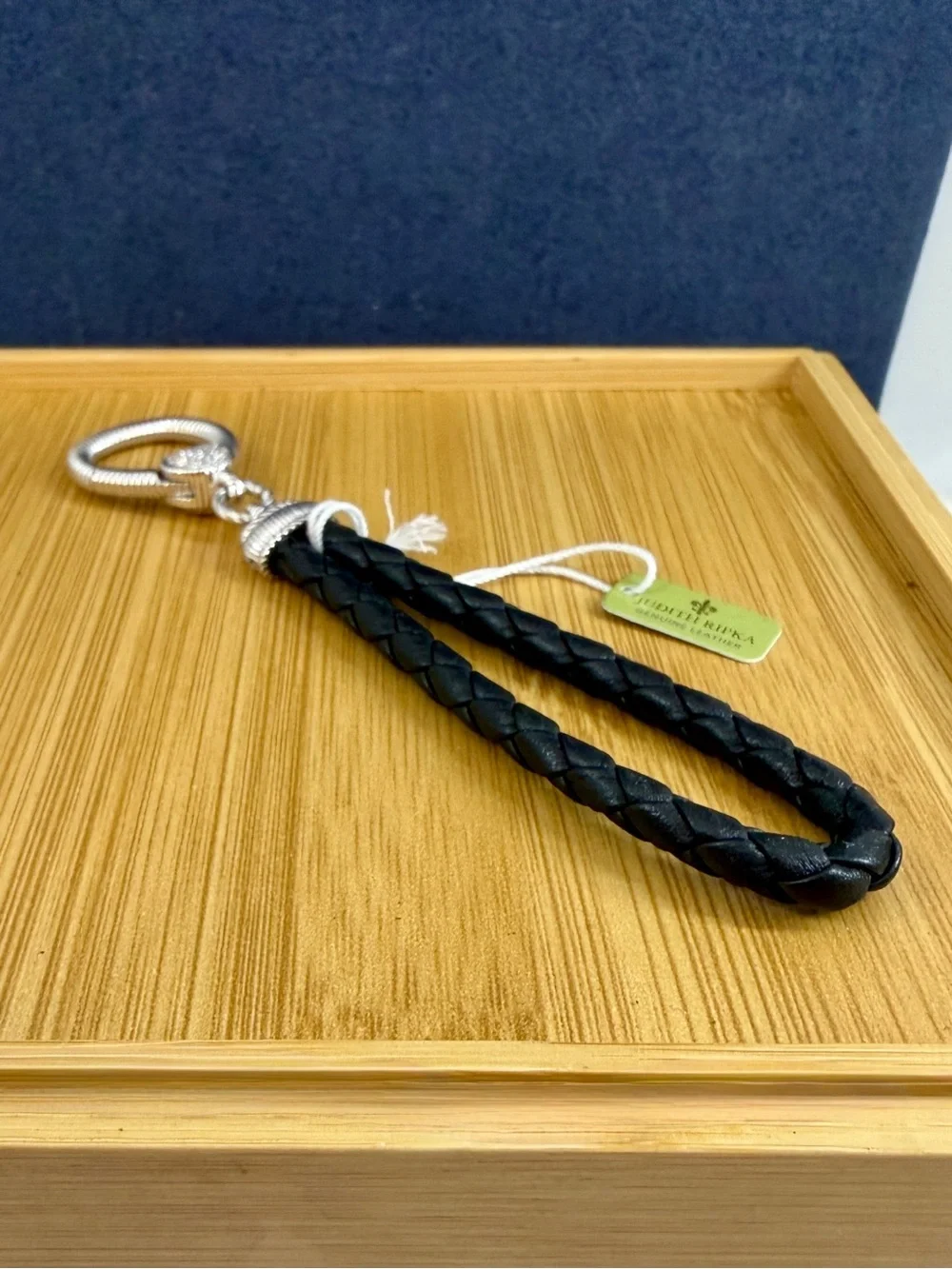 NWT- JUDITH RIPKA Stainless Steel Black Braided Leather Crystal Keyring Keychain